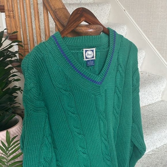 GH Bass & Co Chunky Cable Knit V Neck Varsity Sweater - Picture 2 of 7